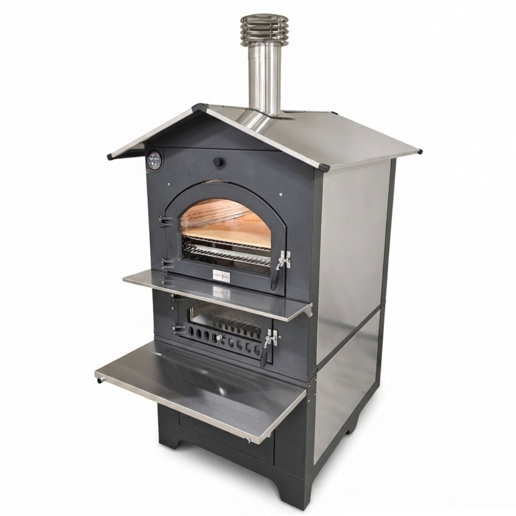 Holzbackofen Gusto Premium 100x65 Fontana Forni Backhaus mobli auf Rädern indirekt befeuert