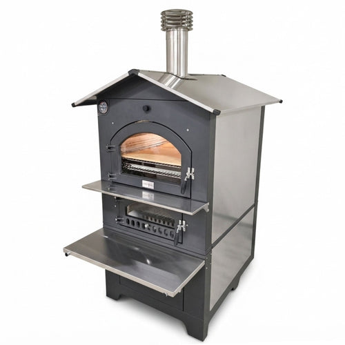 Holzbackofen Gusto Premium 100x65 Fontana Forni Backhaus mobli auf Rädern indirekt befeuert